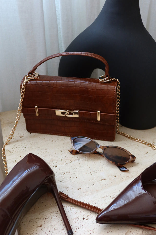 Load image into Gallery viewer, Victoria Croc Embossed Top Handle Crossbody Bag - Tan
