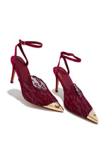 Load image into Gallery viewer, Charlotte Lace Pointed Toe Ankle Strap Pumps - Wine