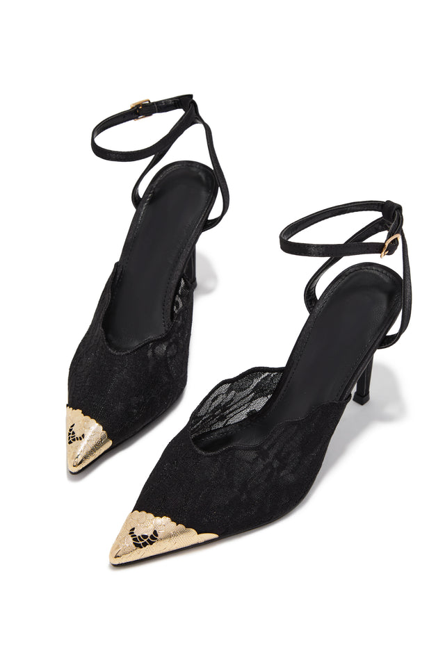 Load image into Gallery viewer, Charlotte Lace Pointed Toe Ankle Strap Pumps - Black
