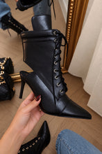Load image into Gallery viewer, Remy Lace Up Pointed Toe Heel Booties – Black