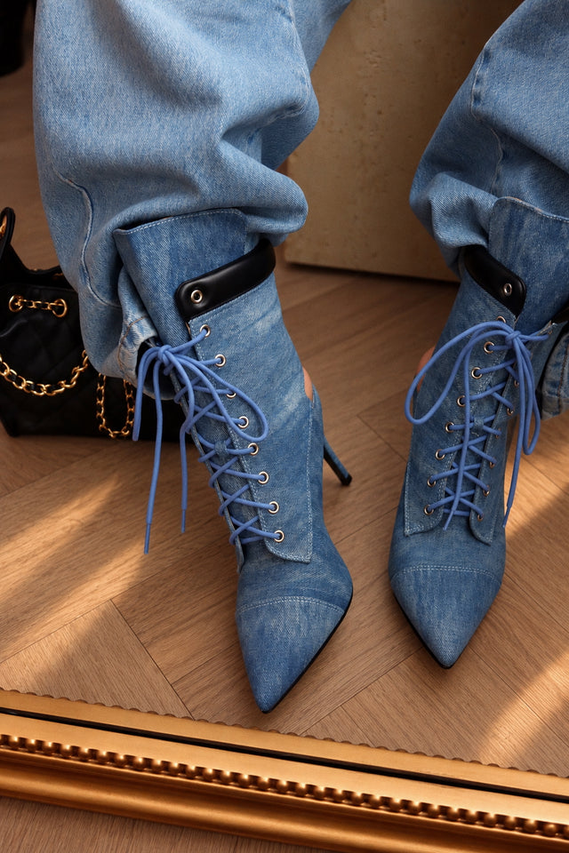 Load image into Gallery viewer, Remy Lace Up Pointed Toe Heel Booties – Denim