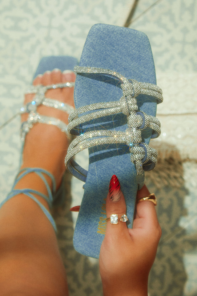 Load image into Gallery viewer, Ibiza Nights Embellished Lace Up Sandals - Denim
