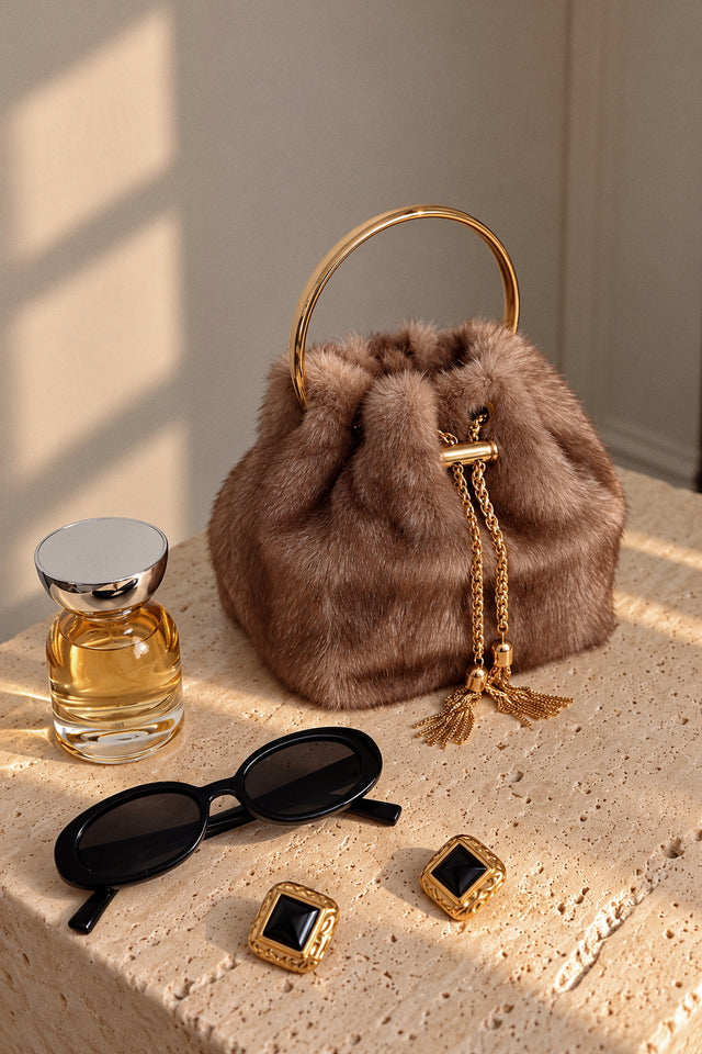 Load image into Gallery viewer, Monae Faux Fur Ring Handle Bucket Bag – Taupe