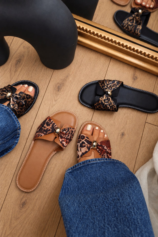 Load image into Gallery viewer, Eden Animal Print Bow Flat Sandals - Tan Multi