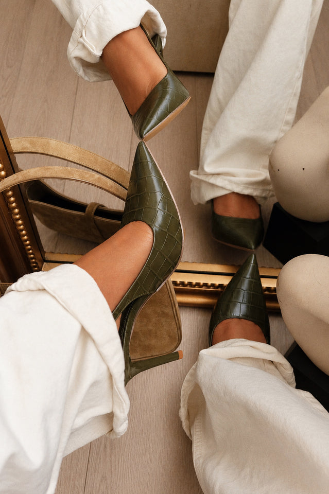 Load image into Gallery viewer, Raven Croc Slingback Heels - Olive