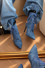 Load image into Gallery viewer, Remy Lace Up Pointed Toe Heel Booties – Denim