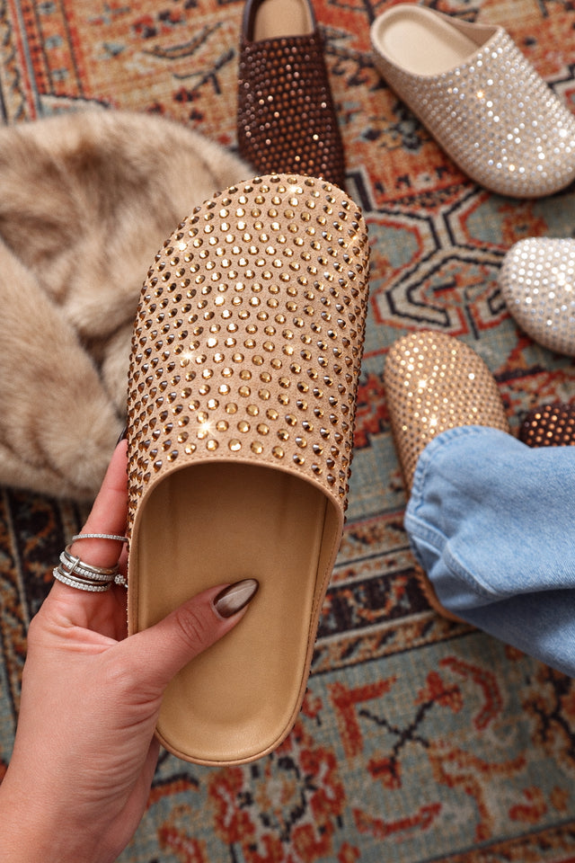 Load image into Gallery viewer, Belinda Rhinestone Mule Flats – Tan