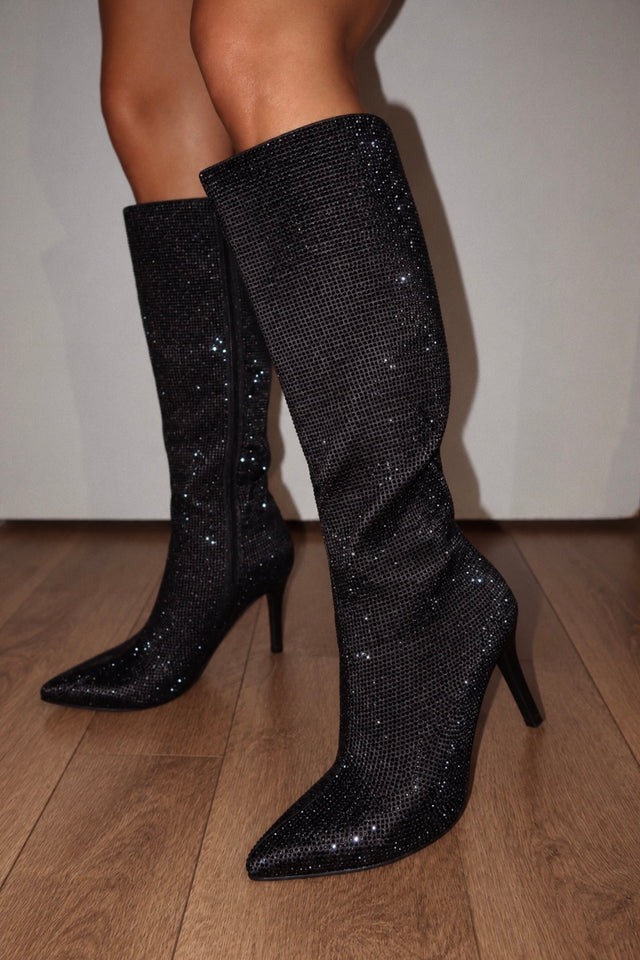 Load image into Gallery viewer, Sandra Rhinestone Knee High Boots - Black