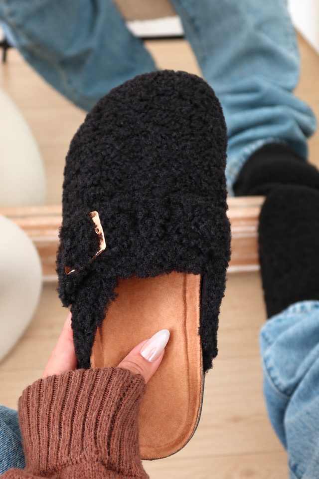 Load image into Gallery viewer, Teddy Plush Buckle Clog Mules - Black