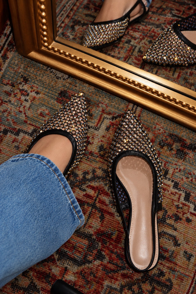 Load image into Gallery viewer, Estelle Rhinestone Mesh Slingback Flats – Black