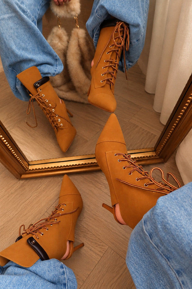 Load image into Gallery viewer, Remy Lace Up Pointed Toe Heel Booties – Tan