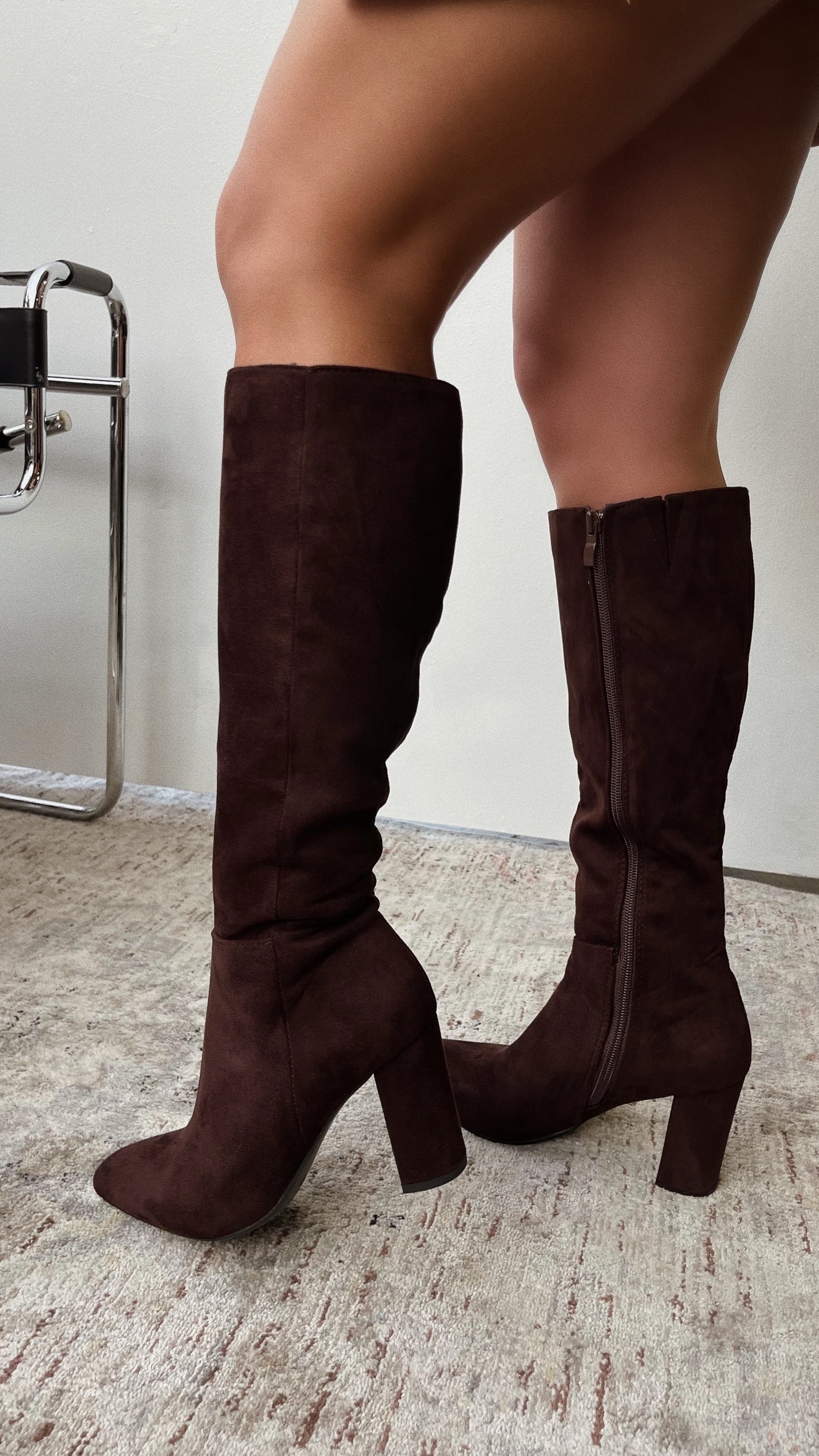 Miss Lola | Fine Time Brown Suede Block Heel Knee High Boots