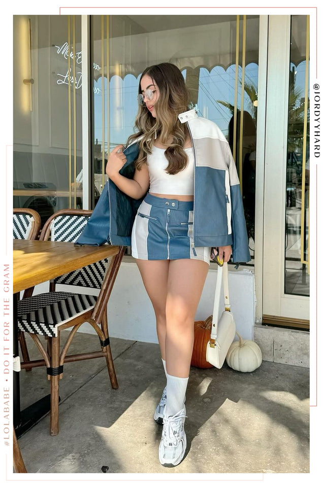Load image into Gallery viewer, Tyra Color Blocked Moto Mini Skirt - Blue Multi
