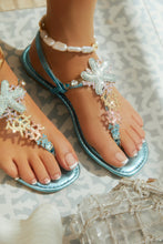 Load image into Gallery viewer, Starfish Blue Sandal Styled with Beaded White Anklet 
