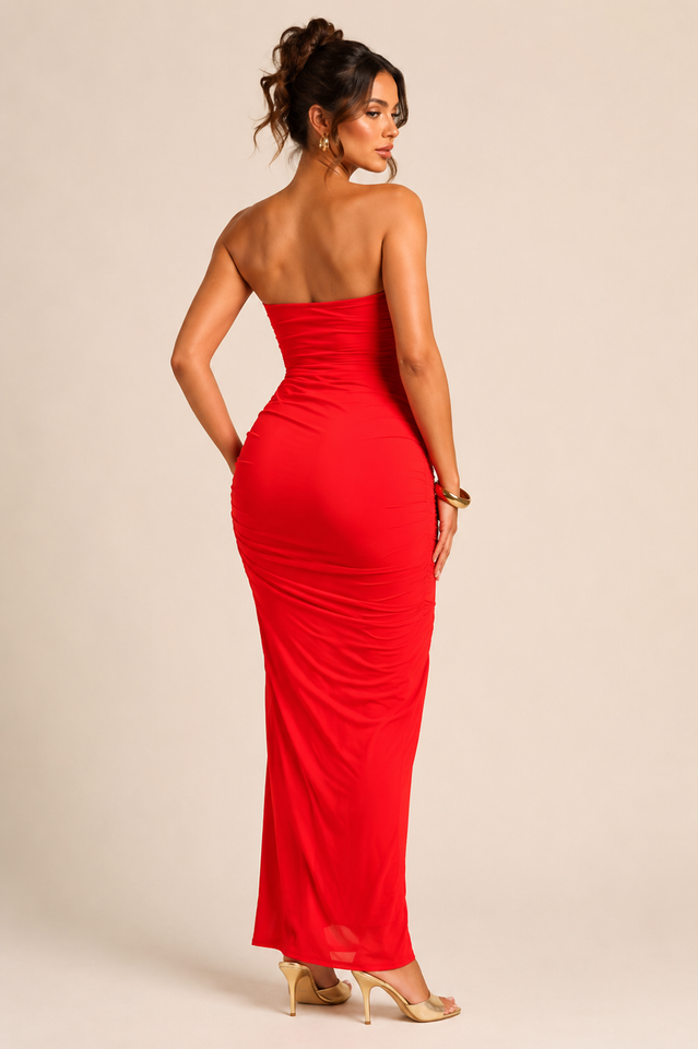 Load image into Gallery viewer, Itzel Strapless Ruched Maxi Dress - Red