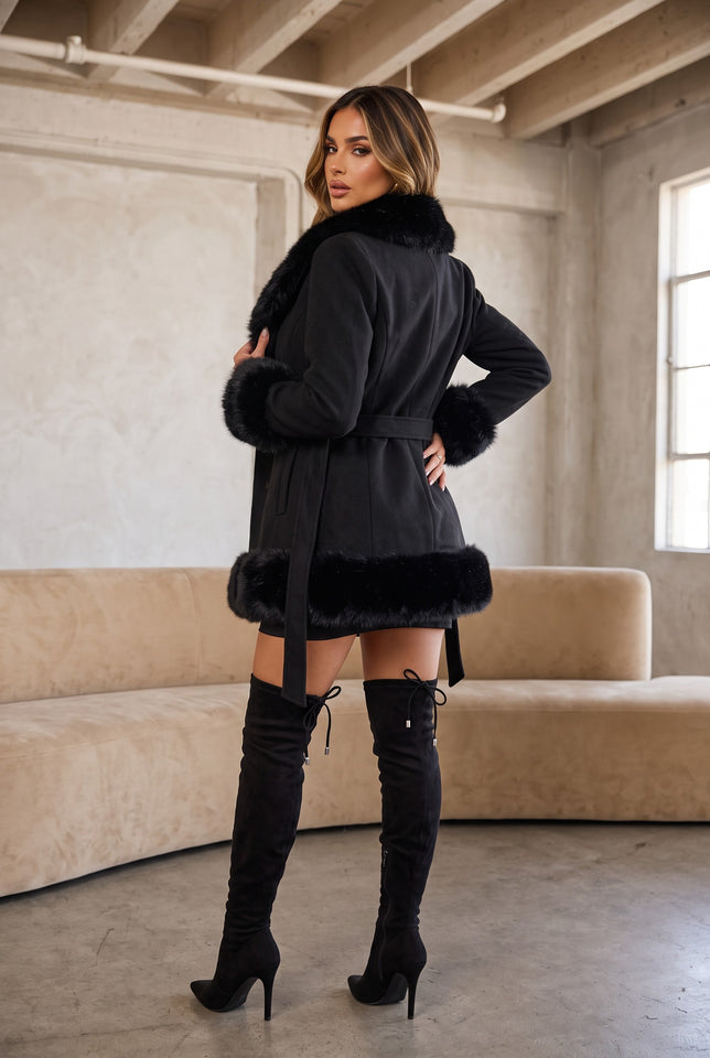 Load image into Gallery viewer, Nadia Faux Fur Belted Coat – Black