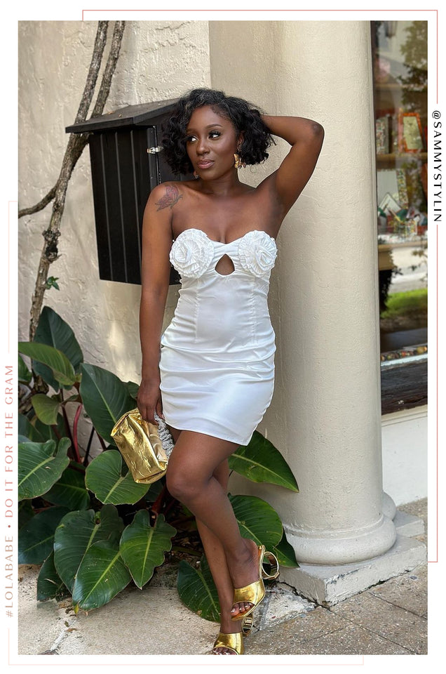 Load image into Gallery viewer, Gold Treasured Handbag Styled with Mini White Dress