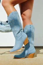 Load image into Gallery viewer, Denim Cowgirl Boots Worn By Female Model