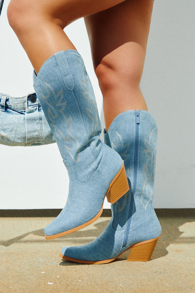 Load image into Gallery viewer, Denim Cowgirl Boots Worn By Female Model