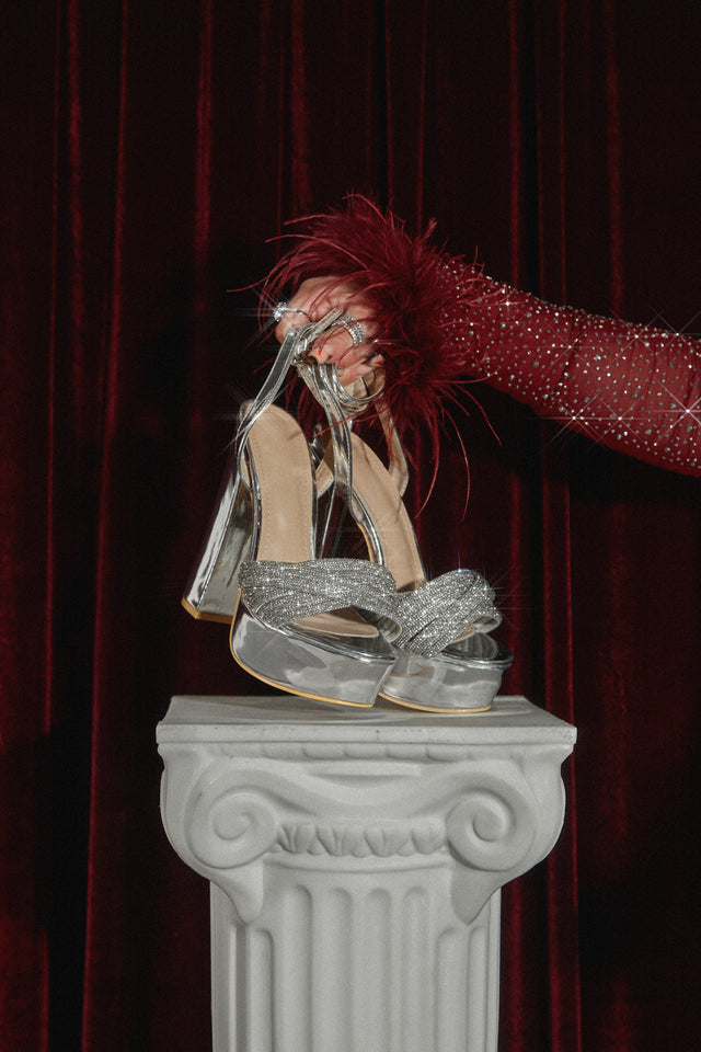 Load image into Gallery viewer, Arianna Embellished Platform Block Heels - Silver