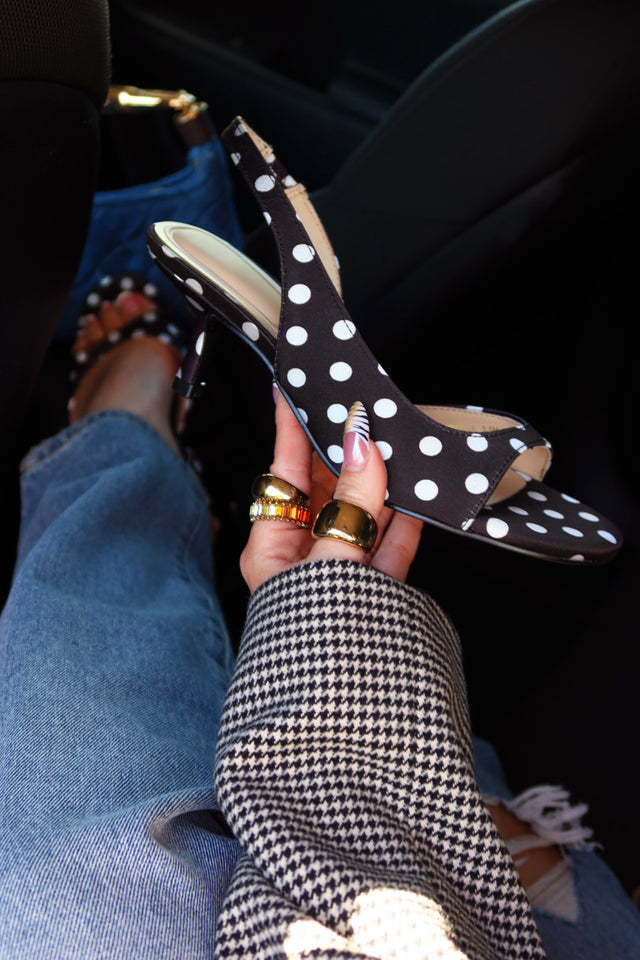 Load image into Gallery viewer, Becca Slingback Mid Heels - Black Polka Dot