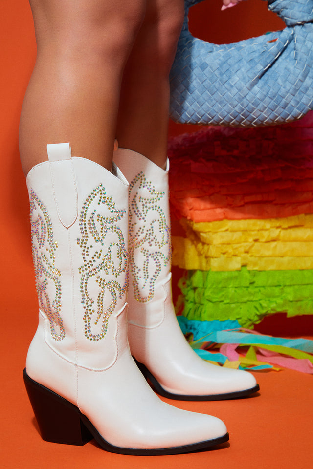 Load image into Gallery viewer, Women Standing with White Rhinestone Boots
