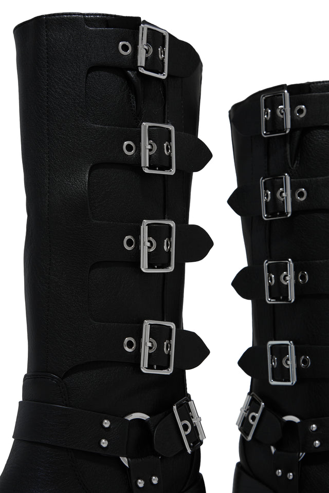 Load image into Gallery viewer, Black CHunky Heel Boots with Silver-Tone Hardware