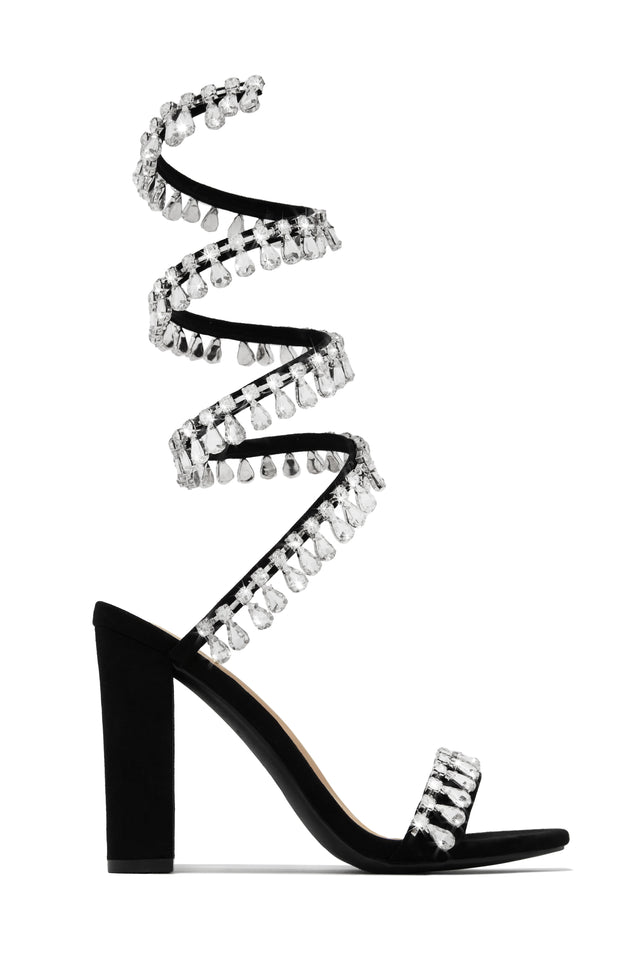 Load image into Gallery viewer, Black Single Sole Chunky Heels with Embellished Around The Ankle Coil Strap