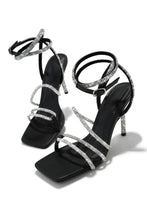 Load image into Gallery viewer, Black Open Square Toe Rhinestone Heels