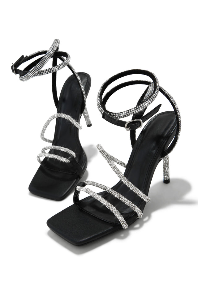 Load image into Gallery viewer, Black Open Square Toe Rhinestone Heels