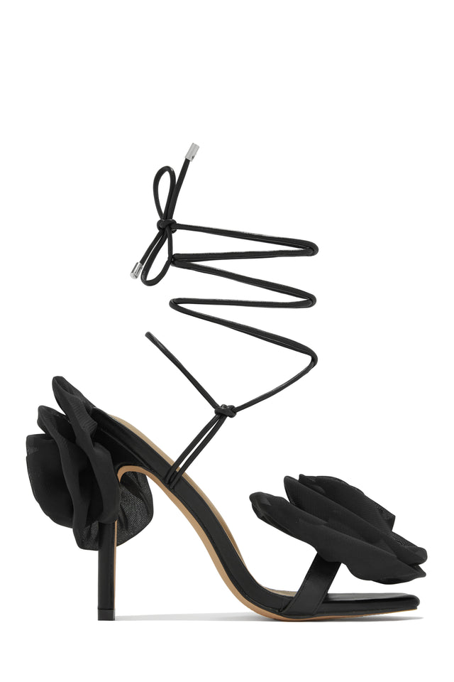 Load image into Gallery viewer, Divine Bloom Rosette Lace Up Heels - Black