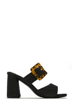 Load image into Gallery viewer, Black Single Sole Raffia Block Mid Heel Mules