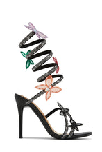 Load image into Gallery viewer, Black Wrap Around Ankle Coil Embellished Butterfly Patch Heels