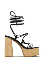 Load image into Gallery viewer, Black and Raffia Platform Lace Up Chunky Heels