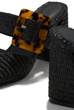 Load image into Gallery viewer, Black Chunky Heel Raffia Mules