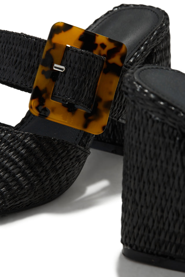 Load image into Gallery viewer, Black Chunky Heel Raffia Mules