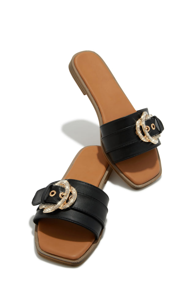 Load image into Gallery viewer, Black Embellished Buckle Slip On Sandals