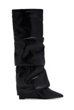 Load image into Gallery viewer, Kourtney Ruched Wedge Knee High Boots – Black