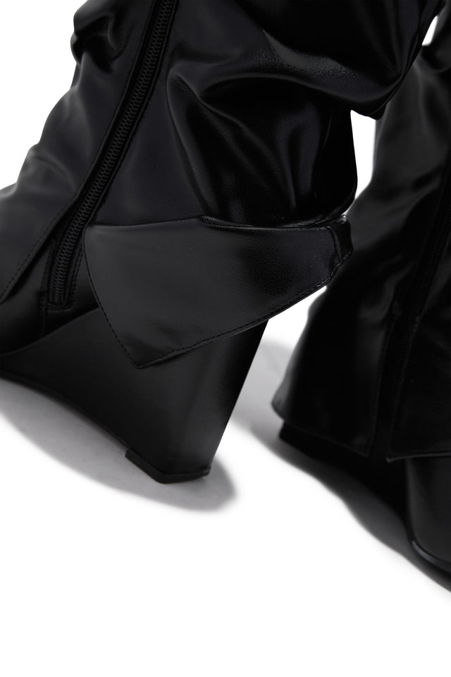 Load image into Gallery viewer, Kourtney Ruched Wedge Knee High Boots – Black