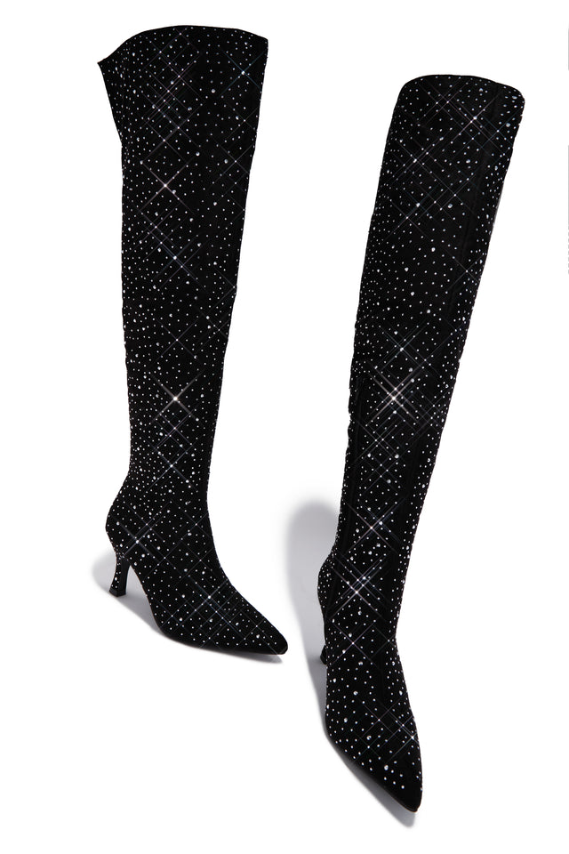 Load image into Gallery viewer, Shine Bright Embellished Over The Knee Heel Boots - Black