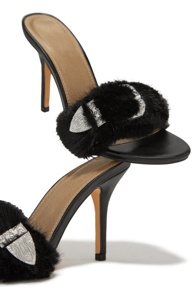 Load image into Gallery viewer, Cold Heart Faux Fur Strap High Heel Mules - Black