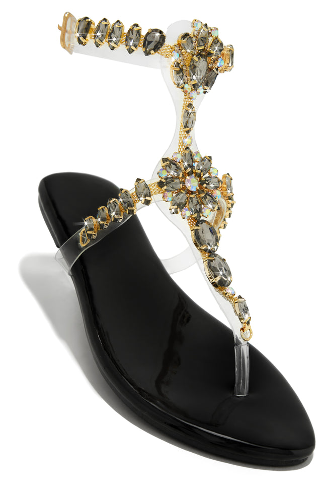 Load image into Gallery viewer, Black and Gold Embellished Thong Strap Sandals