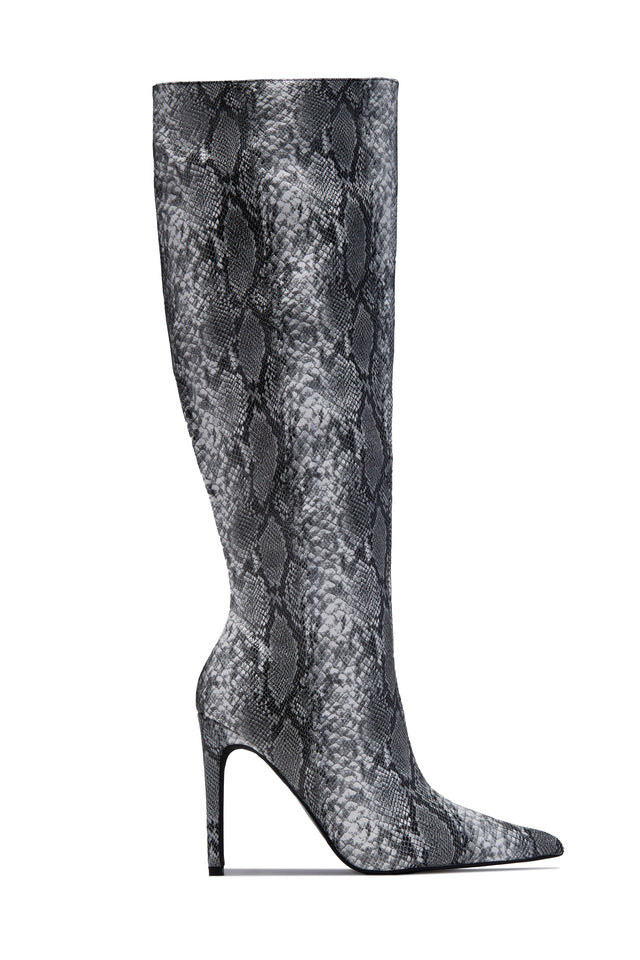 Load image into Gallery viewer, Hailey Knee High Stiletto Boots - Black/White Snake