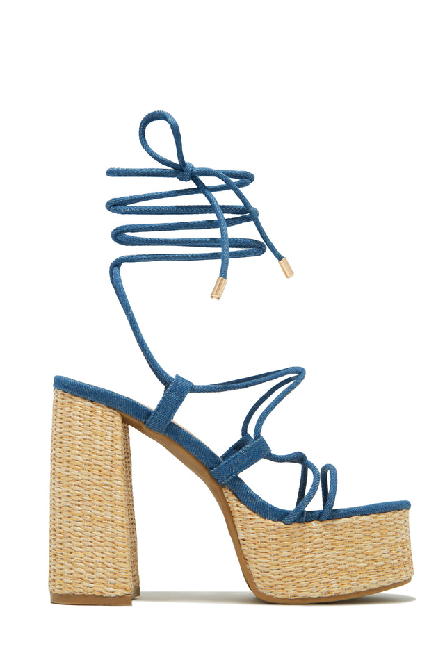 Load image into Gallery viewer, Blue Denim Lace Up Chunky Heels