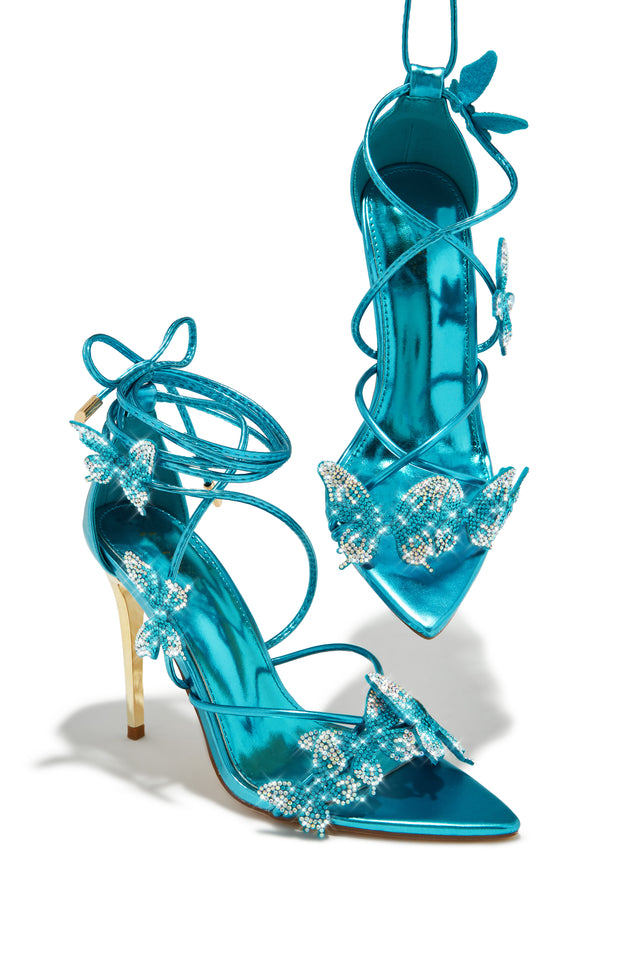 Load image into Gallery viewer, Fantasy Dreams Butterfly Embellished Lace Up Heels - Blue