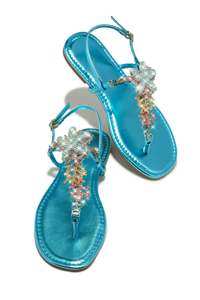 Load image into Gallery viewer, Metallic Blue Embellished Starfish Thong Strap Sandals
