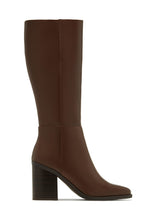 Load image into Gallery viewer, Karla Pointed Toe Block Heel Knee High Boots – Brown