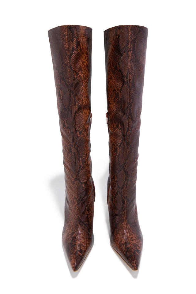 Load image into Gallery viewer, Haleigh Below The Knee Heel Boots - Brown Snake