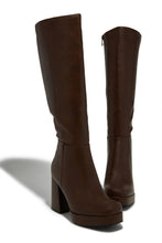 Load image into Gallery viewer, Hudson Platform Block Heel Knee High Boots – Brown