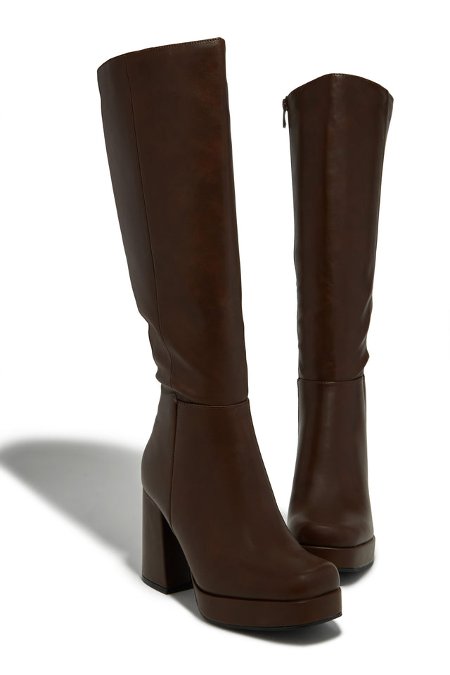 Load image into Gallery viewer, Hudson Platform Block Heel Knee High Boots – Brown